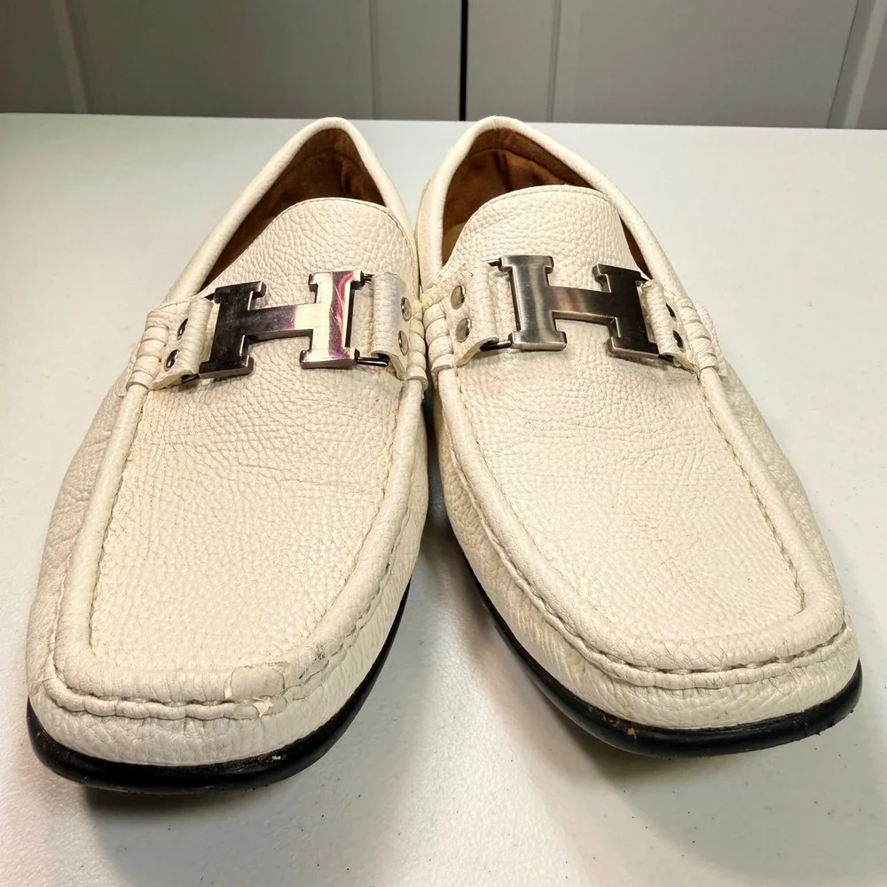 MG Shoes Mervin-24 Men's Size 9 White Leather Driving Loafers Moc Toe